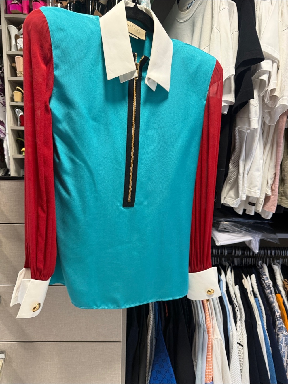 Gucci Turquoise & Red Zip-Front Long Sleeve Shirt with White Collar
